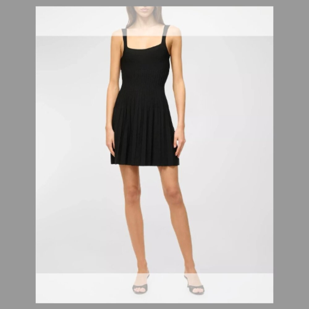 STAUD Black Ribbed Tank Pleated Mini Dress